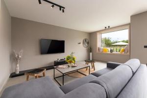 uma sala de estar com um sofá e uma televisão em Villa Costa em Funtana