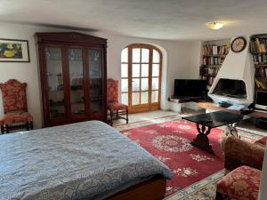 a bedroom with a bed and a desk and a fireplace at VILLA TARA in Quercianella