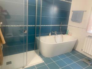 a bathroom with a tub and a glass shower at VILLA TARA in Quercianella