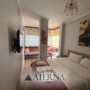 1 dormitorio con 1 cama y TV en una habitación en ATERNA HOTEL, en Dikili