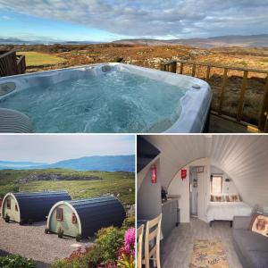 a collage of photos with a hot tub and a tent at Duirinish Pods with Private Hot Tubs and Duirinish Bothy with No Hot Tub in Plockton