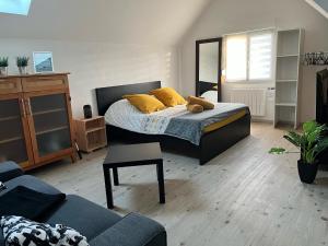 sypialnia z łóżkiem z żółtymi poduszkami w obiekcie Le Clos des Maraîchers w mieście Village-Neuf