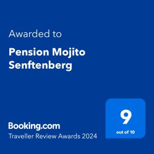 Sertifikat, nagrada, logo ili drugi dokument prikazan u objektu Pension Mojito Senftenberg