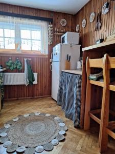 a kitchen with a refrigerator and a rug on the floor at Miodowy Domek in Kamianna