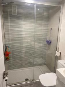 W łazience znajduje się prysznic ze szklanymi drzwiami. w obiekcie Apartamento Nogamar en Fuengirola, a 50 metros de la playa w mieście Fuengirola