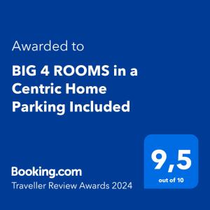 a blue sign with the text awarded to big rooms in a centric home at BIG 4 ROOMS in a Centric Home Parking Included in San Sebastián