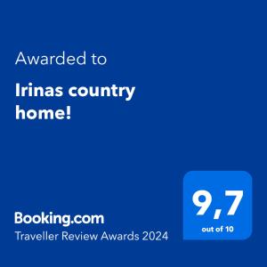 Сертифікат, нагорода, вивіска або інший документ, виставлений в Irinas country home!