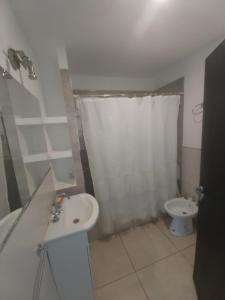 ein Badezimmer mit Waschbecken, Toilette und Dusche in der Unterkunft Las Ballenas Casas de Playa - frente al mar in Monte Hermoso