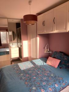 a bedroom with a bed with a blue blanket and cabinets at La Maison des Massena in Noisy-le-Grand