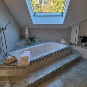 a bathroom with a bath tub with a window at Skyline Luxus Suite Willingen in Willingen