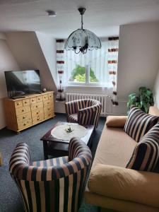 a living room with a couch and chairs and a tv at Falkenstein-Hütten in Bad Schandau