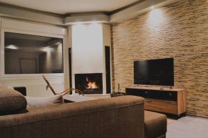 sala de estar con sofá y chimenea en Stelios apartment en Kastoria