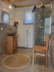 ein Badezimmer mit einem Waschbecken, einem Stuhl und einer Dusche in der Unterkunft Sonnwies - Erholung pur im Bayerischen Wald in Perlesreut