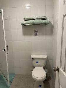 uma casa de banho com WC e toalhas numa prateleira em Hostal doña irene em Vicuña