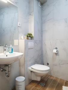 a white bathroom with a toilet and a sink at APARTMAN 52 - Privatni parking za goste in Novi Sad +18 photos