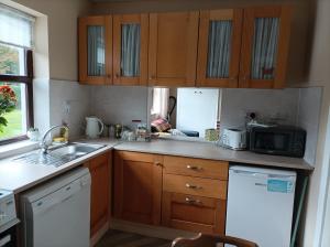 una cucina con armadi in legno, lavandino e forno a microonde di The Croft Apartment a Westport