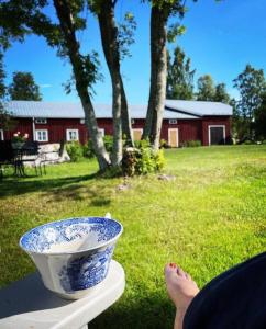 una mujer con los pies en una mesa con un tazón en Gamla gården i Ersmark Umeå en Umeå