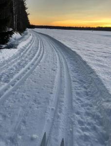 eine verschneite Straße mit Loipen im Schnee in der Unterkunft Gamla gården i Ersmark Umeå in Umeå