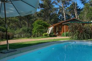 a house with a pool and an umbrella and a cabin at Las cabañas de macarena in Punta del Este