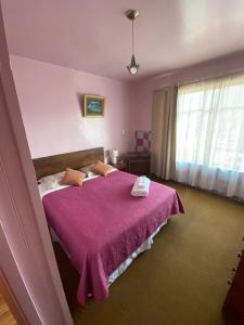 Dormitorio rosa con cama con manta morada en Hospedaje Rios en Osorno