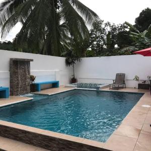 una piscina de agua azul y una palmera en Casa del Árbol, en Quepos
