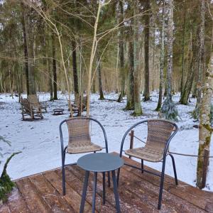 duas cadeiras e uma mesa na neve em Miško sielos namelis su pirtele em Aukštelkė