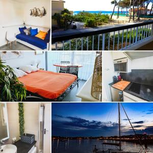 a collage of photos of a bedroom and a balcony at Rivage de Rêve - Hyères Plage in Hyères