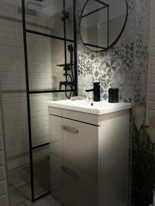 Un baño con un lavabo blanco y un espejo. en ROMAN Residence Apartment, en Borşa