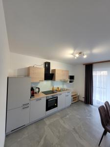 een keuken met witte kasten en een fornuis met oven bij Apartment an der Donau in Krumnussbaum