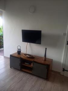 a living room with a flat screen tv on a wall at Bungalow de charme in Capesterre-Belle-Eau