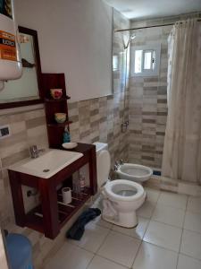 La salle de bains est pourvue de toilettes, d'un lavabo et d'une douche. dans l'établissement MIRADOR DEL LAGO - La Vista, à Villa Parque Siquiman