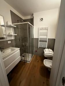 a bathroom with a shower and a toilet and a sink at appartamento Passo del Tonale sulle piste in Passo del Tonale +31 photos