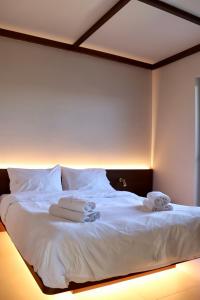 een slaapkamer met een wit bed en 2 handdoeken bij Amphitheatro Boutique Hotel in Meganisi