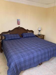 ein Bett in einem Schlafzimmer mit einer blauen karierten Decke in der Unterkunft La casa del cerro con vista al oceano pacifico in Mazatlán