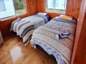 2 Betten in einem Zimmer mit 2 Fenstern in der Unterkunft Cabañas Bosquemar 1 in Queilén