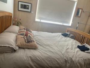 1 cama con almohadas en el dormitorio en Stay at the art gallery en Mapua