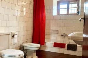 ein Bad mit einem WC, einem Waschbecken und einem roten Vorhang in der Unterkunft D-espacios La Casa del Teide in La Orotava