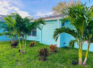 布雷登顿NEW Renovated luxury home with private heated pool, game room Near Anna Maria Island and IMG的蓝色房子前面的三棵棕榈树