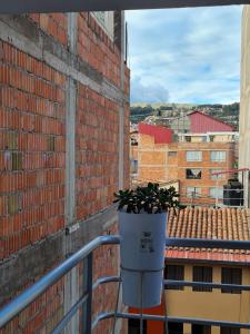 uma planta em vasos sentada na borda de uma varanda em Kallpa Wasi em Cusco