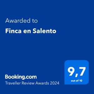 Certifikát, ocenenie alebo iný dokument vystavený v ubytovaní Finca en Salento