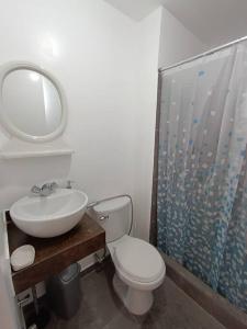 W łazience znajduje się toaleta, umywalka i lustro. w obiekcie Cálido apartamento, acogedor w Cuzco