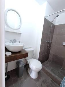W łazience znajduje się toaleta, umywalka i prysznic. w obiekcie Cálido apartamento, acogedor w Cuzco