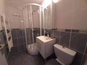 uma casa de banho com um chuveiro, um WC e um lavatório. em Appartement Seignosse, 2 pièces, 4 personnes - FR-1-239-999 em Seignosse