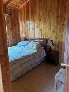 a bedroom with a bed with a wooden wall at Cabaña Flor de Lican in Licán Ray