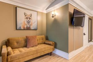 a living room with a couch and a picture of a wolf at Auberge La Chouette in Quebec City