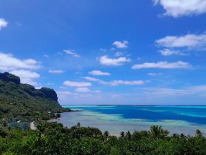 uma vista para o oceano de uma colina com árvores em Maupiti Dreams em Te-Fare-Arii