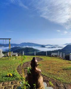 a statue of a monkey looking up at the mountains at The Highlander in Vagamon