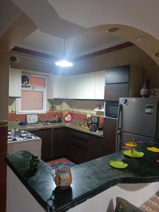 a kitchen with a counter top and a refrigerator at Cozy apartment with a private garden in Giza in Sheikh Zayed