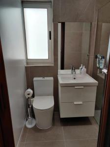 a bathroom with a toilet and a sink and a window at 4 bedroom apt 5 mins away from beach and amenities in St Paul's Bay