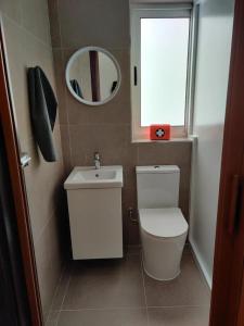 a bathroom with a toilet and a sink and a mirror at 4 bedroom apt 5 mins away from beach and amenities in St Paul's Bay